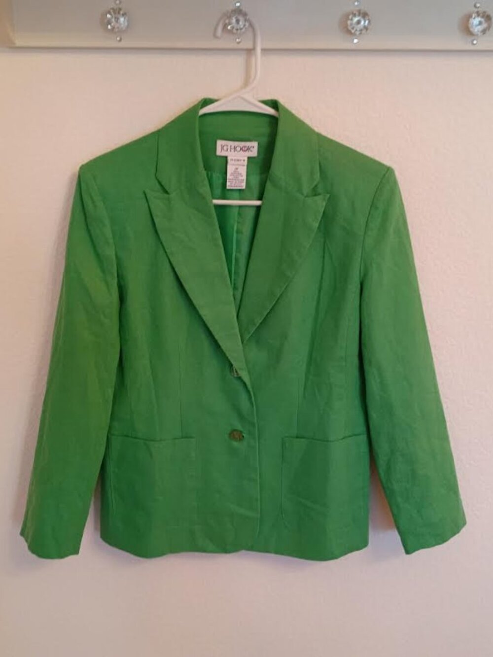 JG HOOK WOMEN'S BLAZER GREEN TWO BUTTON LONG SLEEVE LINEN COTTON POCKETS 2P
